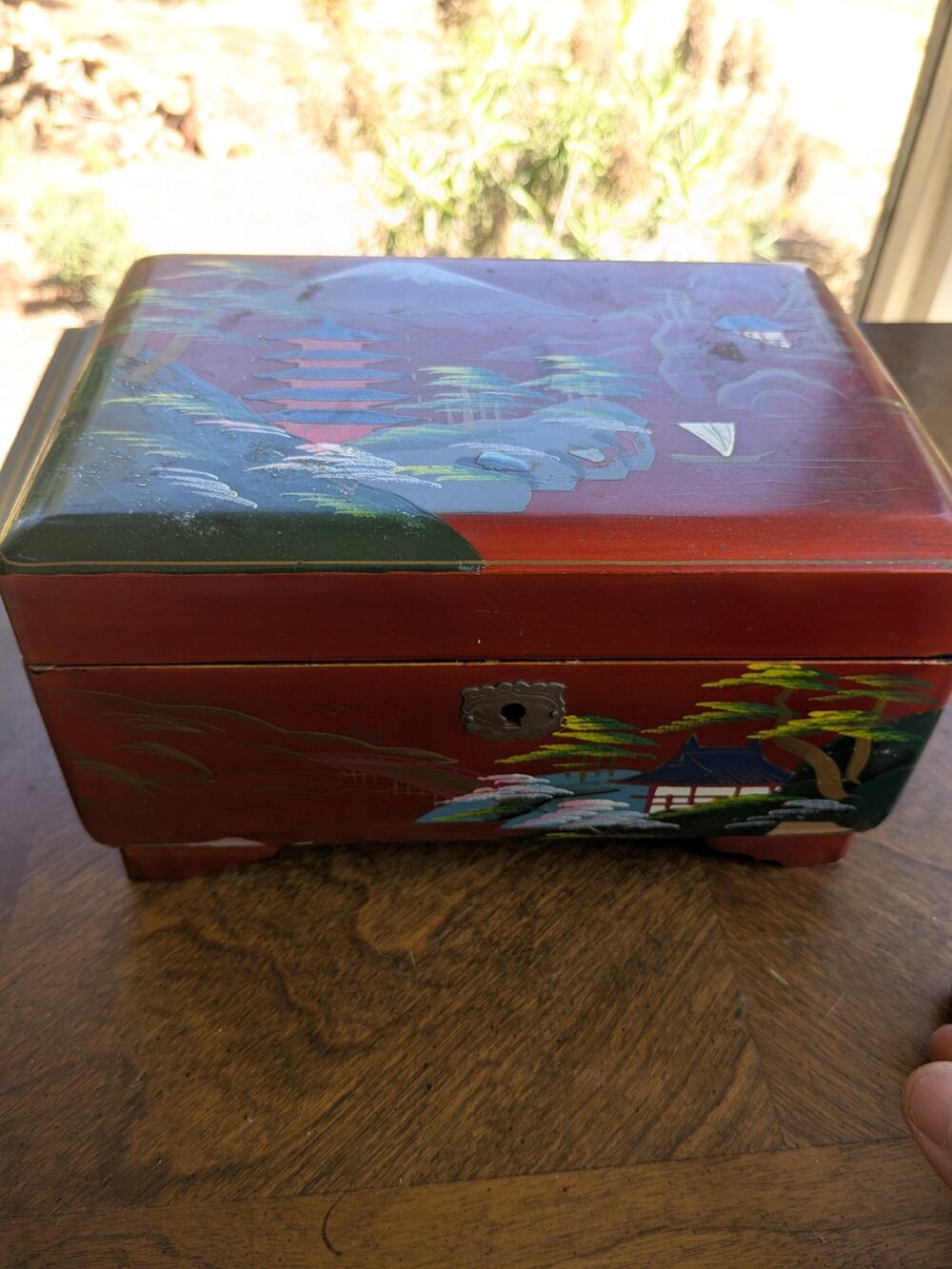 Vintage Japanese Red Lacquer Music Jewelry Box - Mt Fuji Landscape